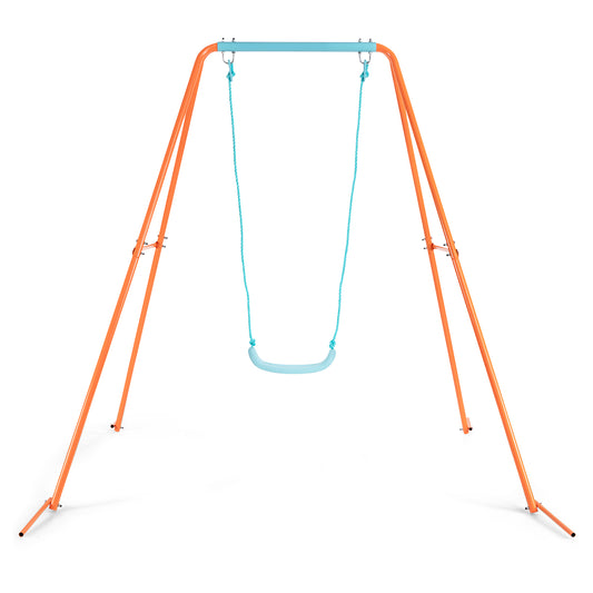 Patiojoy Outdoor Kids Metal Swing Set with Frame Steel Stand Heavy Duty Metal A-Frame Orange/Blue