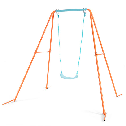 Patiojoy Outdoor Kids Metal Swing Set with Frame Steel Stand Heavy Duty Metal A-Frame Orange/Blue