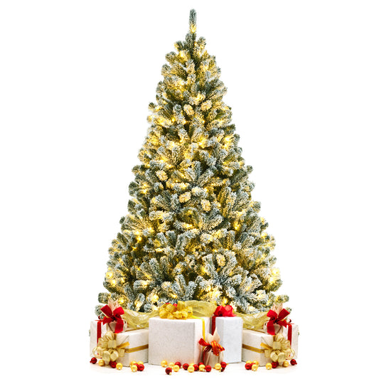 Topbuy 6FT/7FT/8FT Snow Flocked Artificial Christmas Hinged Tree Pre-lit Artificial Xmas Full Tree with 928/1116/1502 Branch Tips