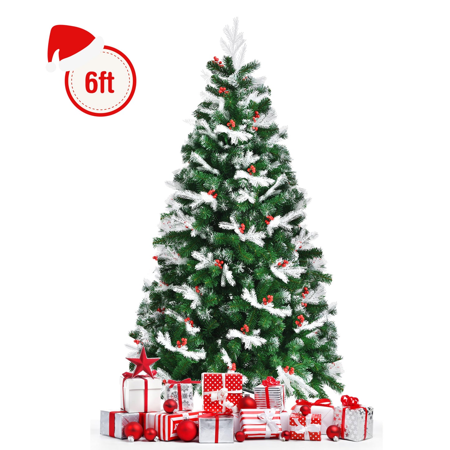 Topbuy 5FT/6FT/7FT Premium Unlit Christmas Tree Snow Flocked Hinged Artificial Christmas Tree Pine Full Tree with Solid Metal Stand