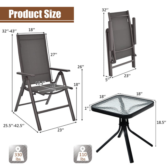 Topbuy 3PCS Patio Bistro Set Outdoor Dining Furniture Set w/2 Folding Chairs & Tempered Glass Table