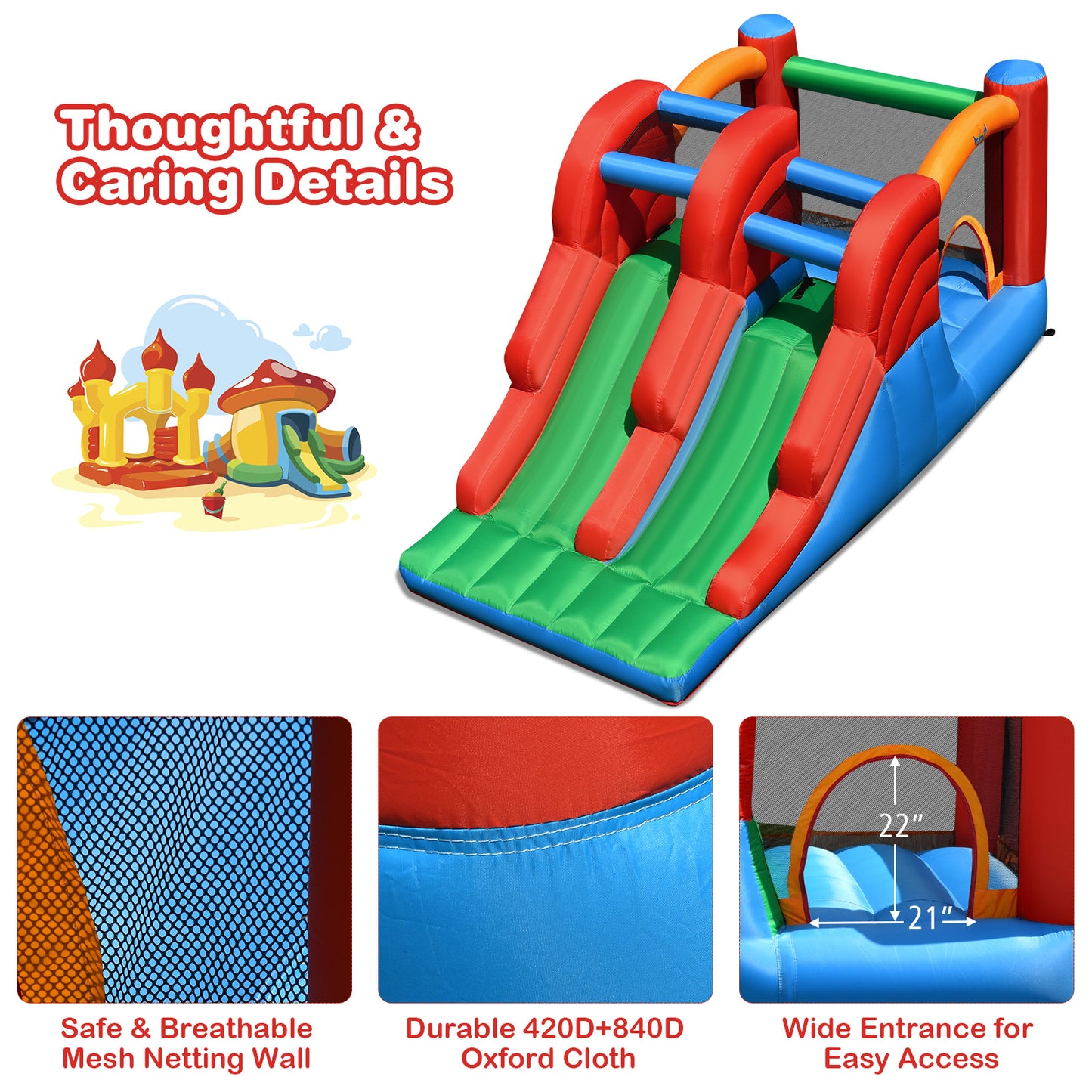 Topbuy 3-in-1 Inflatable Double Slide Bounce House Jumping Castle Indoor&Outdoor Bouncy Castle without Blower