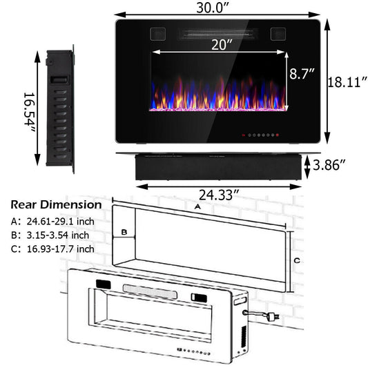 Topbuy 30''/36''/42''/50''/60'' Recessed Electric Fireplace 750W/1500W heater in Wall Remote Control w/Timer Available Flame Color