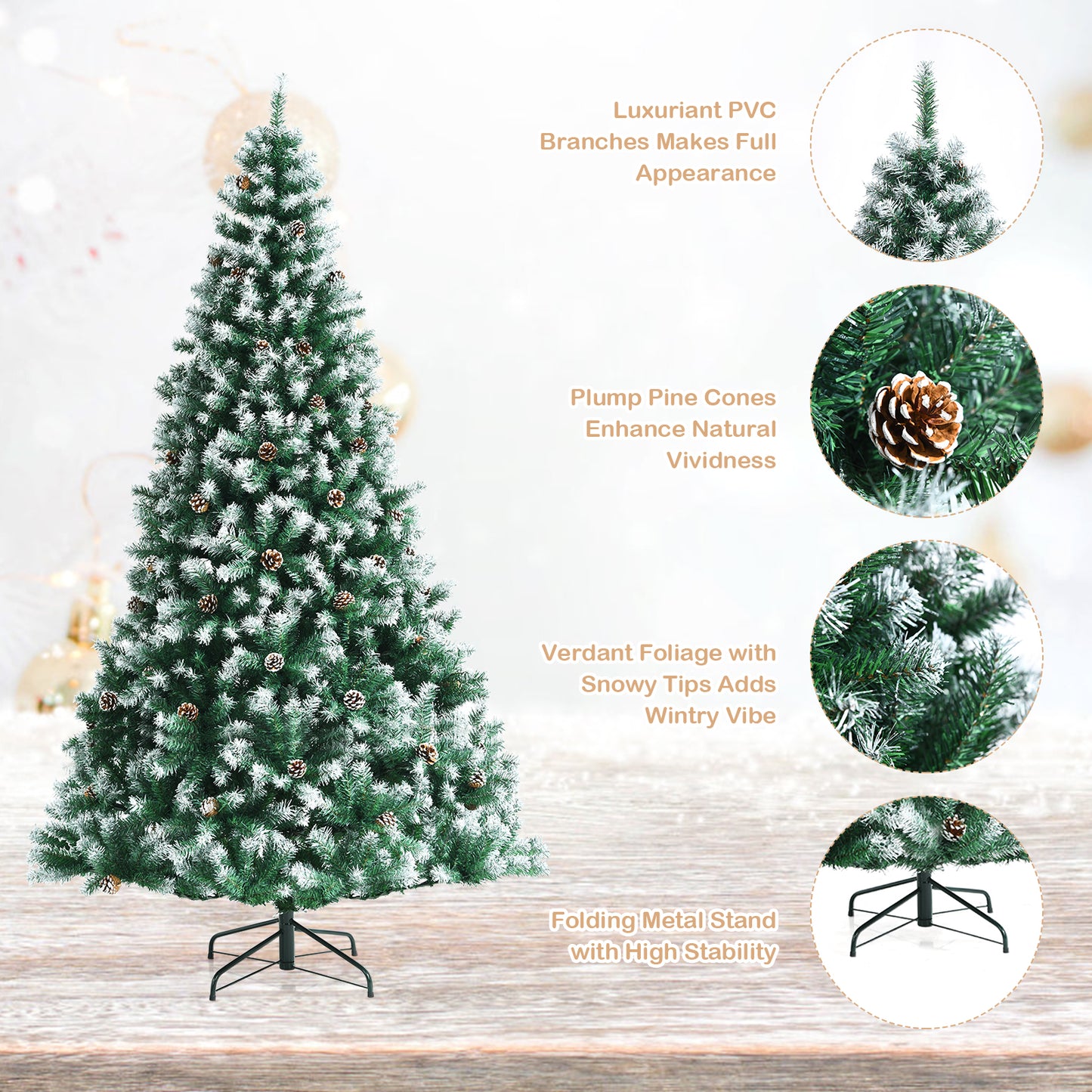 Topbuy 6FT/7.5FT/9FT Lifelike Xmas Tree Lush Snowy Christmas Tree W/ 1000/1346/2028 PVC Branch Tips
