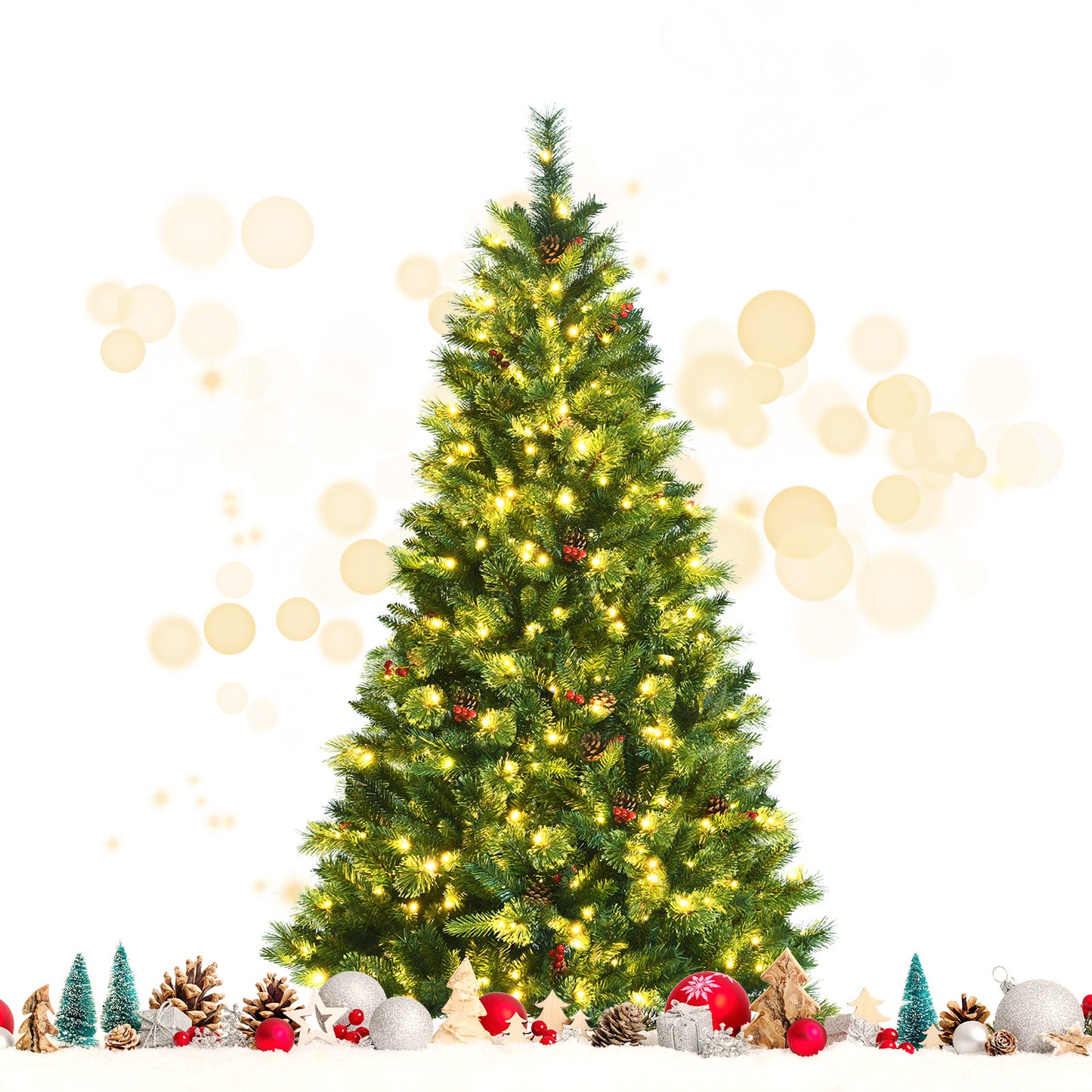 Topbuy 6FT/7FT/8FT Pre-Lit Christmas Spruce Tree Hinged Artificial Tree Party Decoration w/ 790/1198/1806 Tips 600 Lights Pine Cones