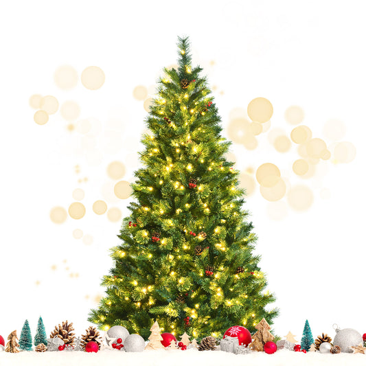 Topbuy 6FT/7FT/8FT Pre-Lit Christmas Spruce Tree Hinged Artificial Tree Party Decoration w/ 790/1198/1806 Tips 600 Lights Pine Cones