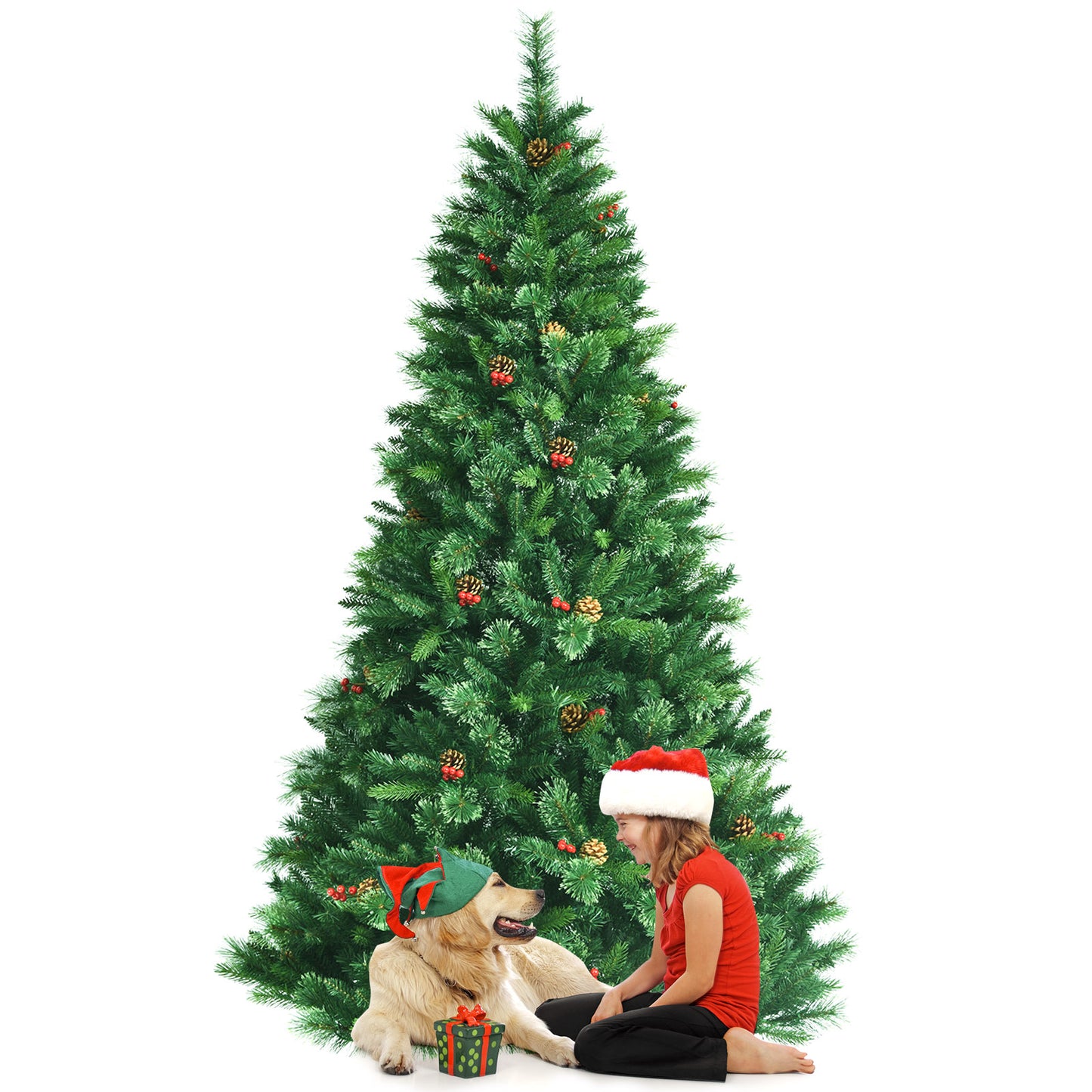 Topbuy 6FT/7FT/8FT Pre-Lit Christmas Spruce Tree Hinged Artificial Tree Party Decoration w/ 790/1198/1806 Tips 600 Lights Pine Cones