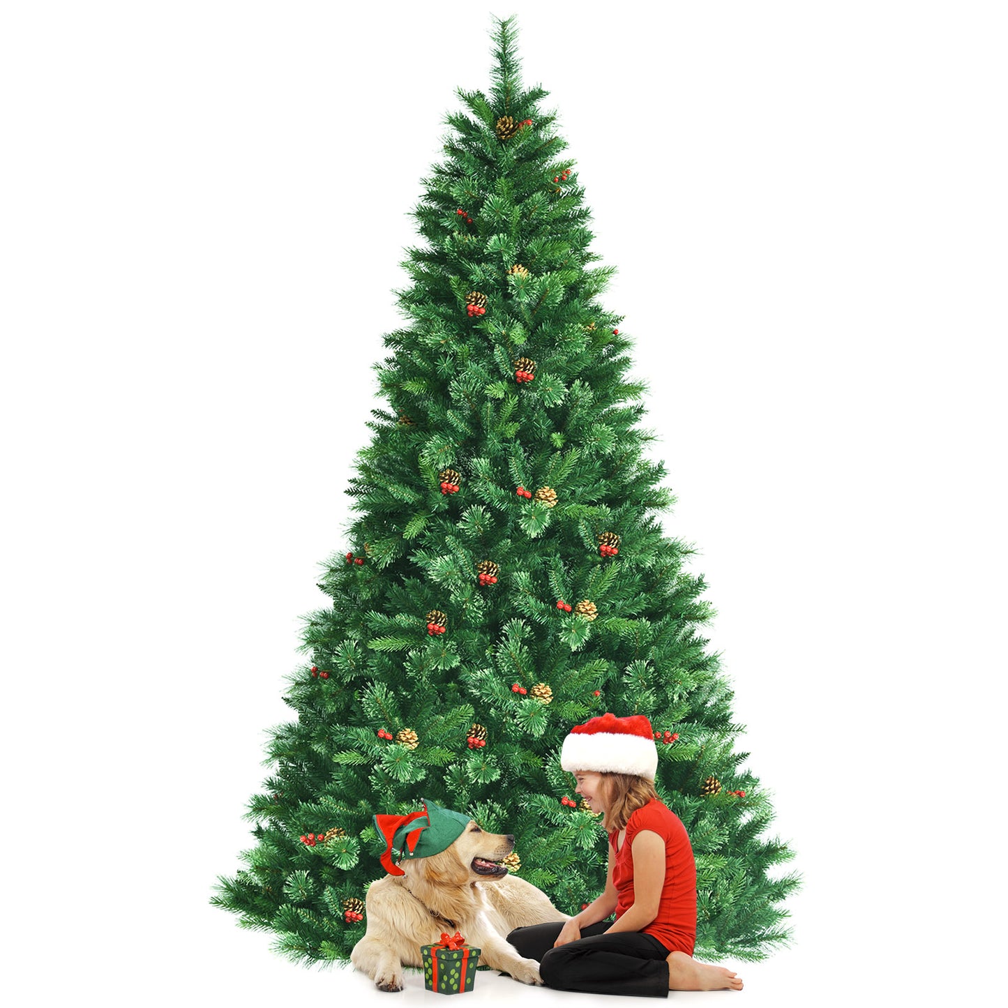 Topbuy 6FT/7FT/8FT Pre-Lit Christmas Spruce Tree Hinged Artificial Tree Party Decoration w/ 790/1198/1806 Tips 600 Lights Pine Cones