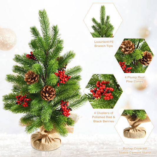 Topbuy 20'' Mini Realistic Christmas Tree, Artificial Tabletop Christmas Tree W/ 55 Branch Tips