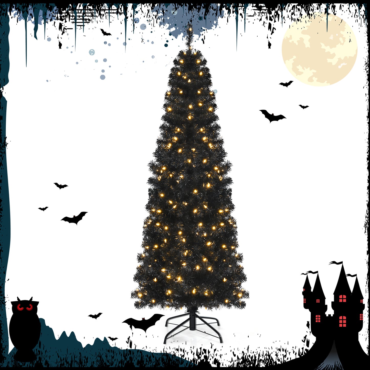 Topbuy 6FT/7FT Pre-lit Christmas Halloween Tree Hinged Artificial Pencil Tree w/ 618/818 PVC Branch Tips & 300/350 Warm White Lights