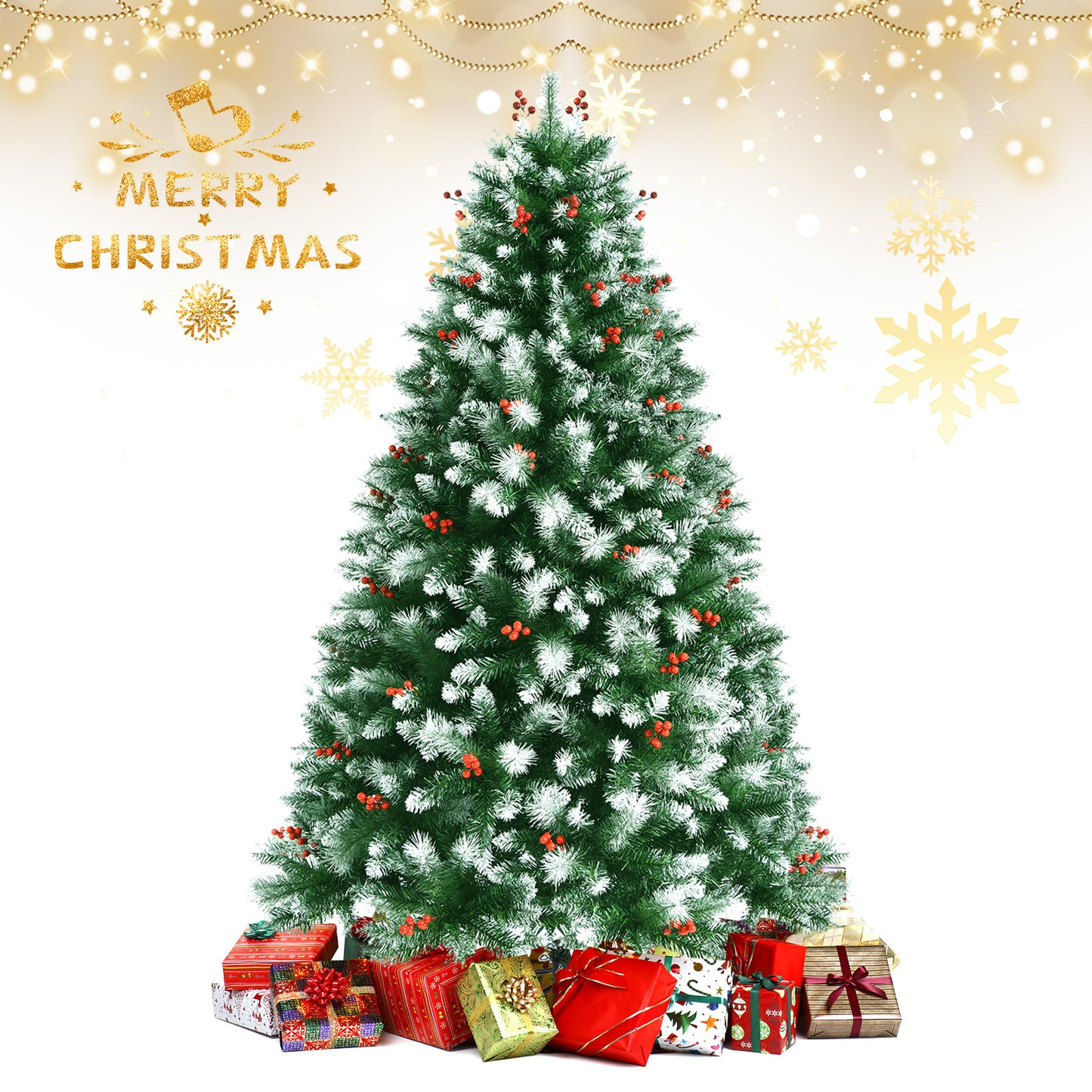 Topbuy 6FT/7FT/8FT Lifelike Christmas Pine Tree Artificial Hinged Xmas Tree W/ Pine Needles & PVC Tips