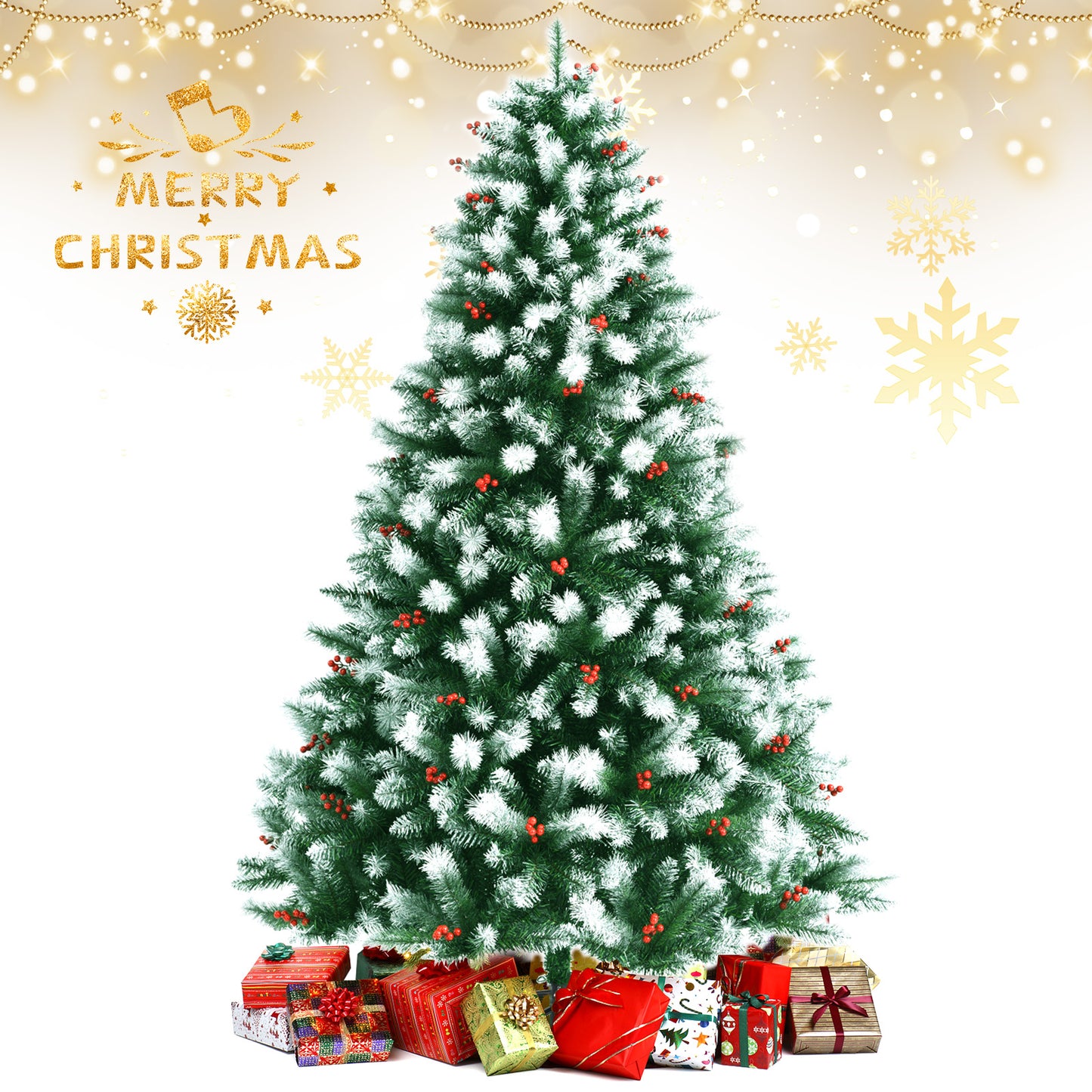 Topbuy 6FT/7FT/8FT Lifelike Christmas Pine Tree Artificial Hinged Xmas Tree W/ Pine Needles & PVC Tips