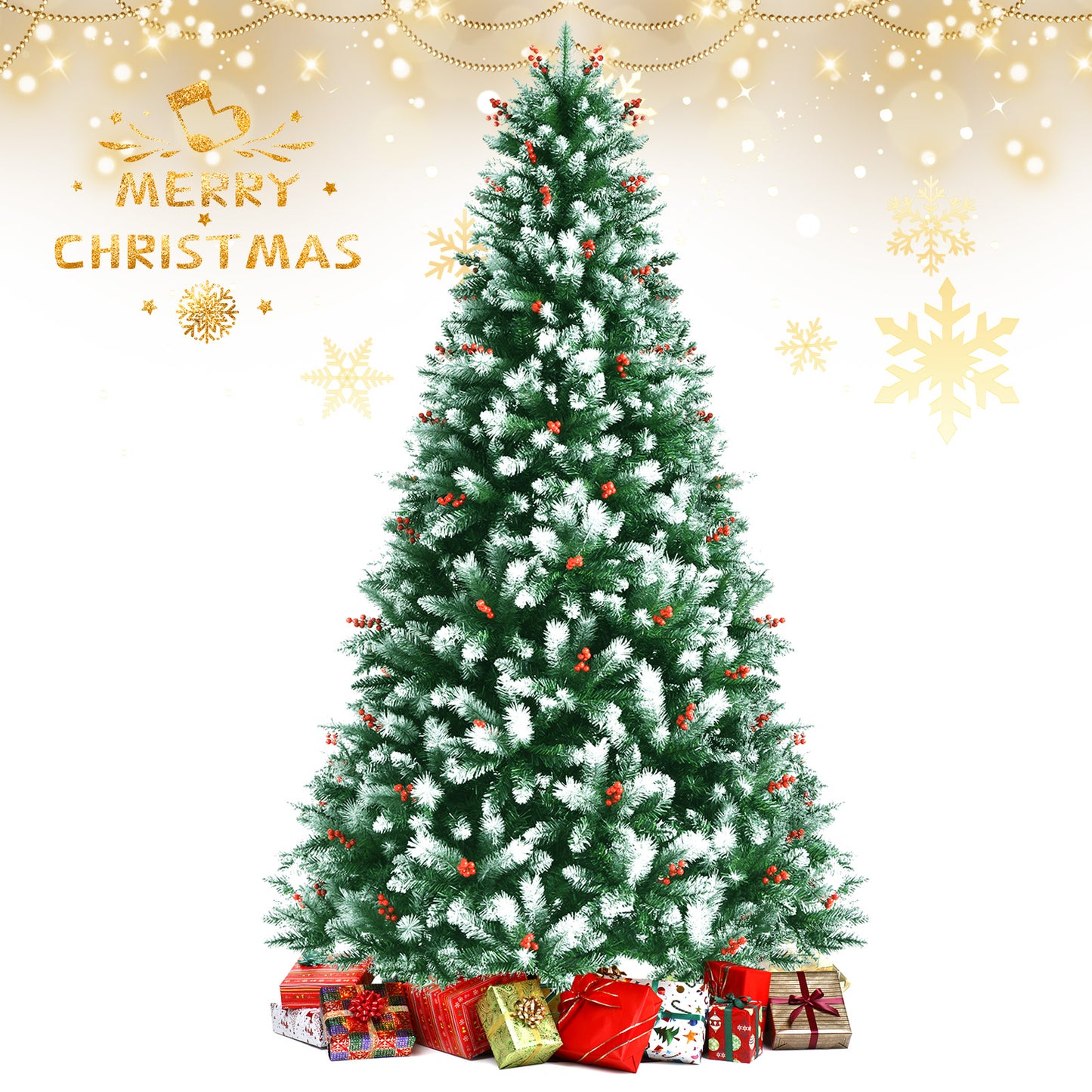 Topbuy 6FT/7FT/8FT Lifelike Christmas Pine Tree Artificial Hinged Xmas Tree W/ Pine Needles & PVC Tips