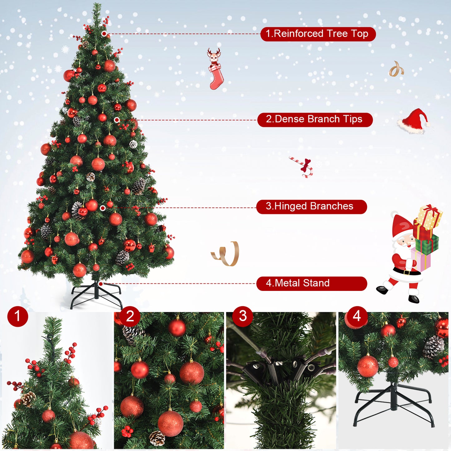 Topbuy 5ft/6ft/7ft Pre-lit Christmas Tree Artificial Christmas Tree Includes 150/250/350 LED Lights & 552/802/1178 Branch Tips