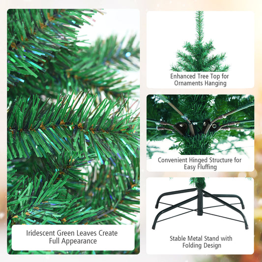 Topbuy Realistic Glittery Christmas Tree 6FT/7FT/8FT Iridescent Hinged Pine Tree W/ PVC & PET Leaves