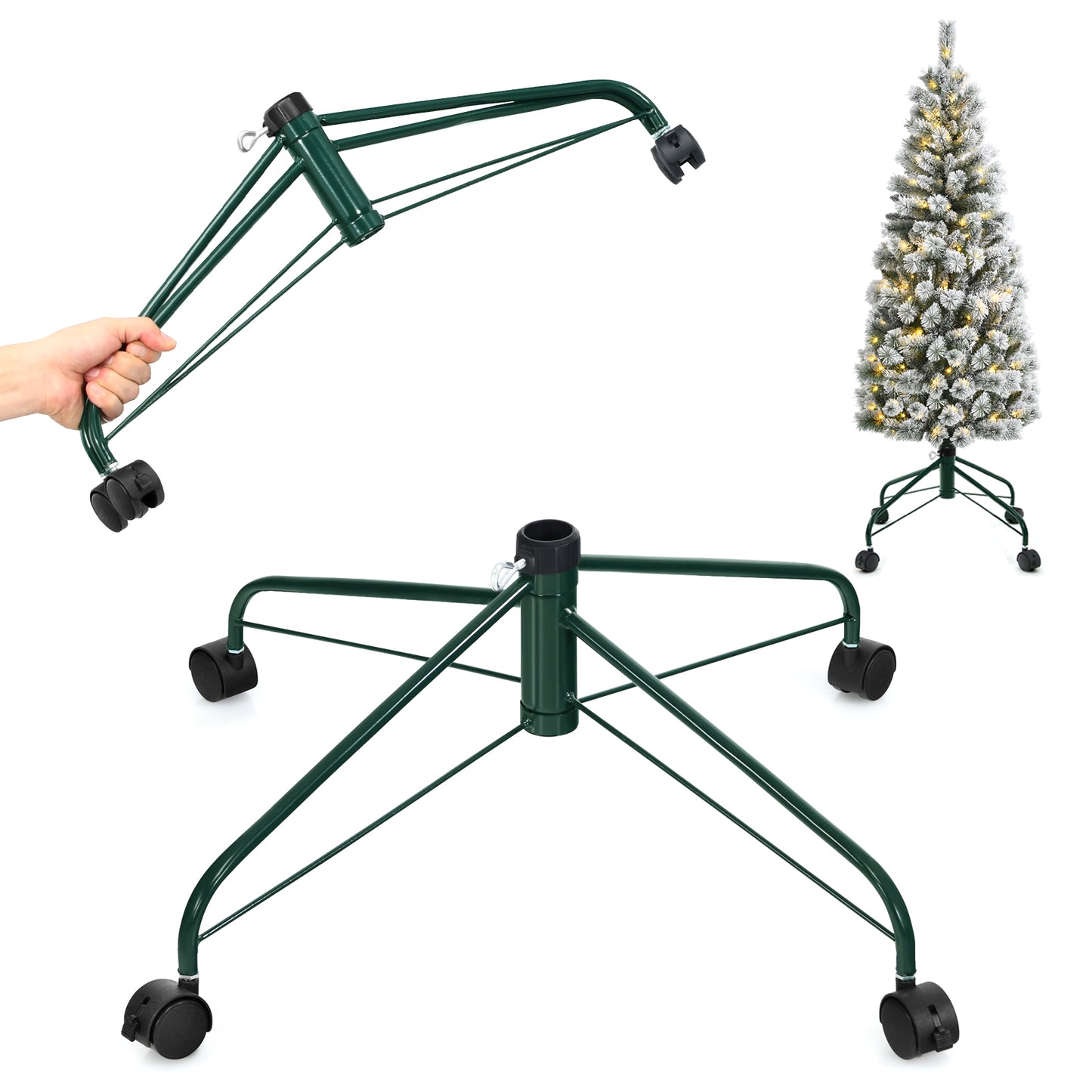 Topbuy Folding Rolling Christmas Tree Stand Metal Base W/ Lockable Universal Wheels for Tree Under 7ft/9ft