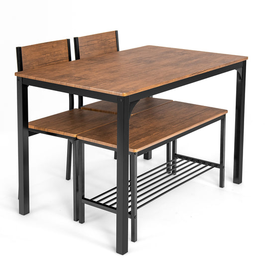 Topbuy 4PCS Dining Table Set Kitchen Table with Bench and Chairs Industrial Gathering Bench Dining Set Brown/Grey