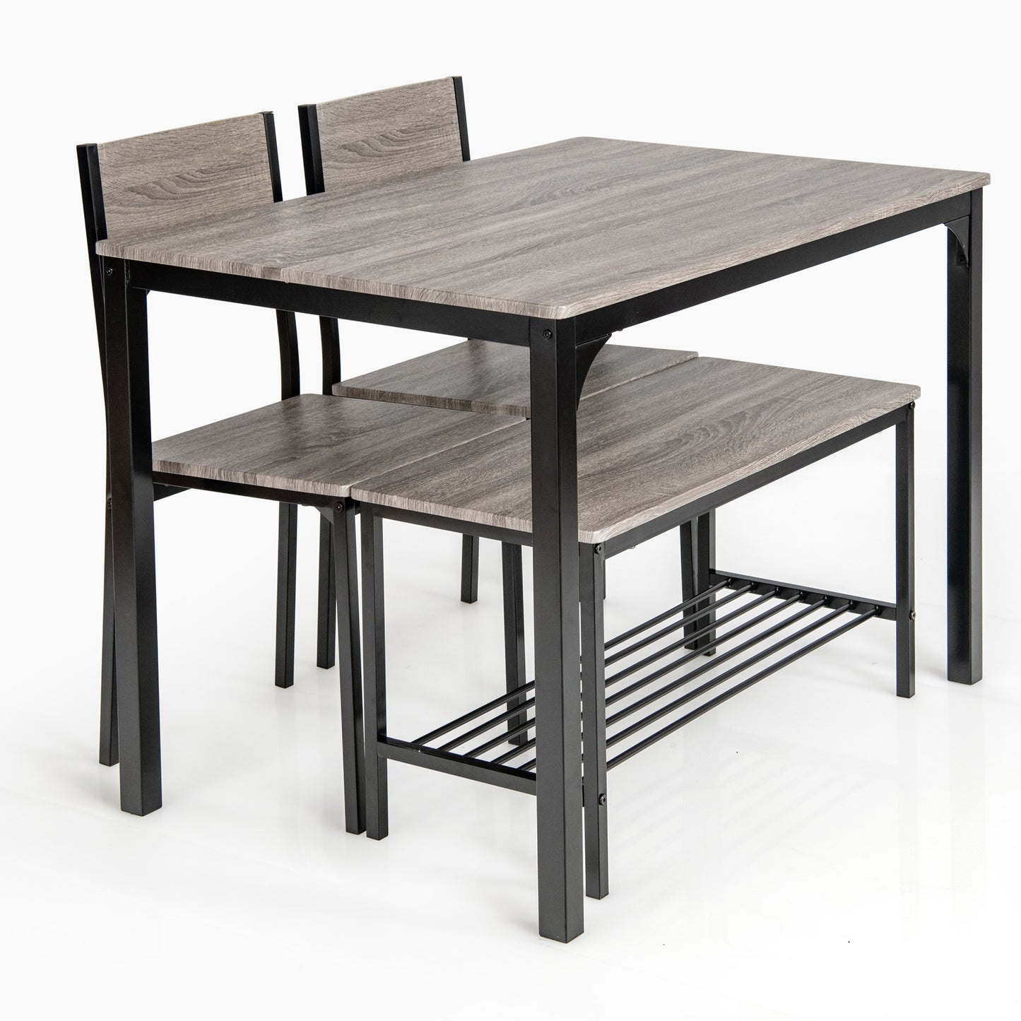 Topbuy 4PCS Dining Table Set Kitchen Table with Bench and Chairs Industrial Gathering Bench Dining Set Brown/Grey
