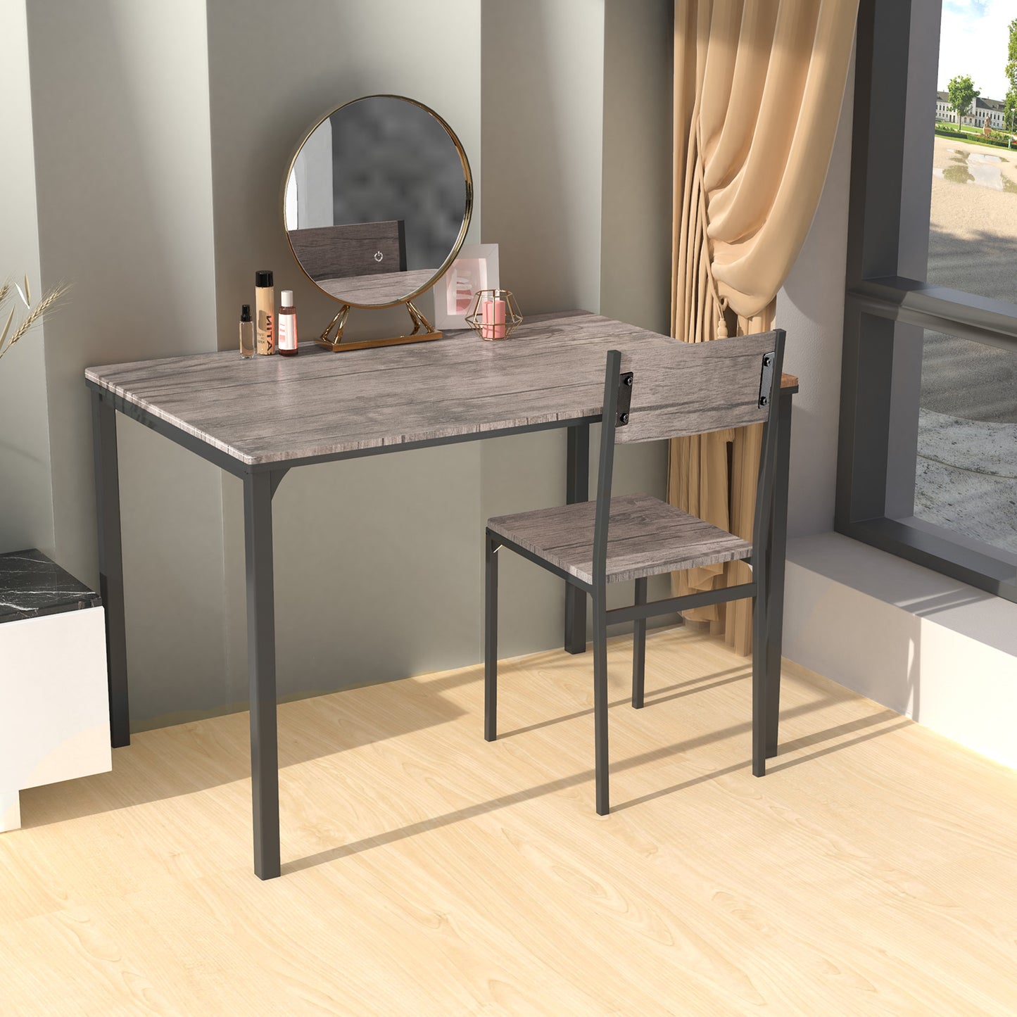 Topbuy 4PCS Dining Table Set Kitchen Table with Bench and Chairs Industrial Gathering Bench Dining Set Brown/Grey