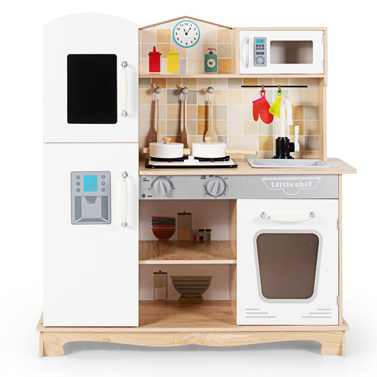 Topbuy Wooden Kids Kitchen Playset Cooking Play Toy with Cookware Utensils&Stove Toddlers Wooden Play Kitchen