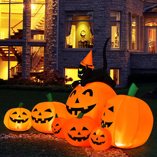 Topbuy 7.5 FT Halloween Inflatable Pumpkin Combo with Witch Black Cat Blow up Pumpkin Decoration with LED Lights