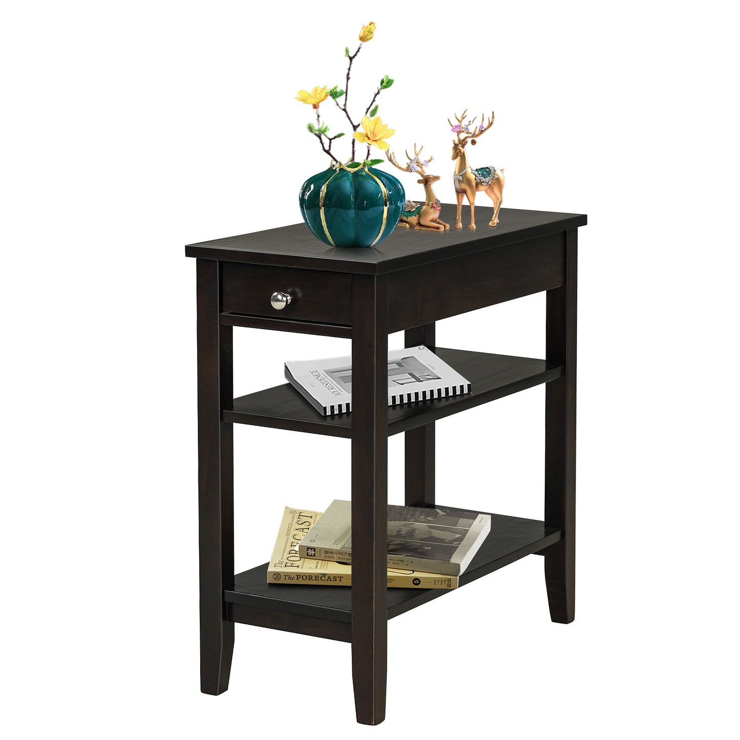 Topbuy End Table Sofa Side Table with Drawer Double Shelf Narrow Nightstand for Living Room & Bedroom Brown/Black