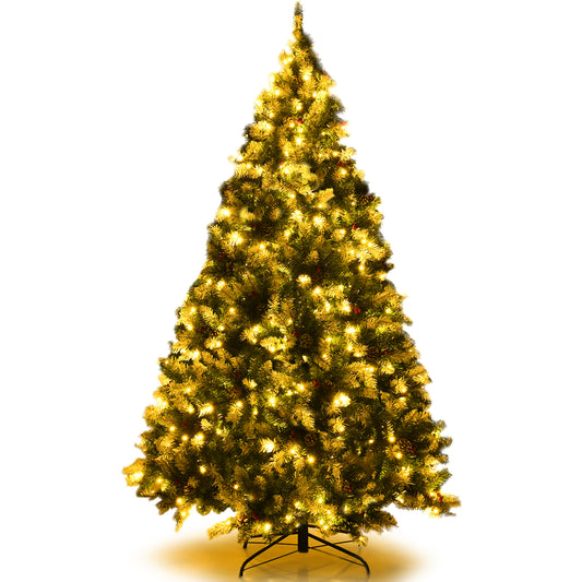 Topbuy 6ft/7.5ft/9ft Pre-lit Snowy Christmas Tree Pre-strung Xmas Decoration Tree w/ 250/550/900 Warm White LED Lights & 818/1398/2058 PVC Tips