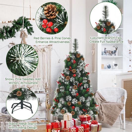 Topbuy Wintry Lifelike Christmas Tree 4FT Decorative Xmas Tree W/ Pine Cones & Red Berry Clusters