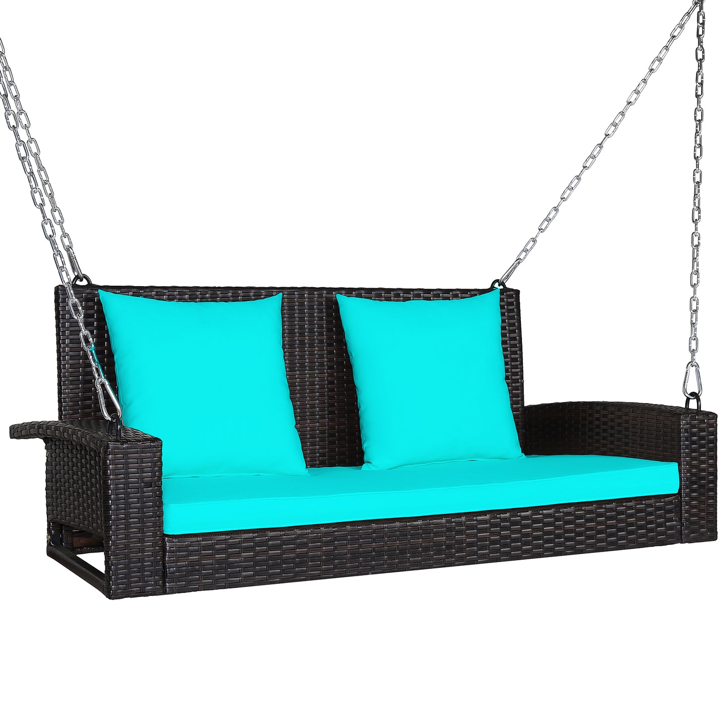 Topbuy Outdoor Wicker Porch Swing Bench 2-Person Patio Rattan Swing Chair W/ Soft Cushions Red/Turquoise/White/Black