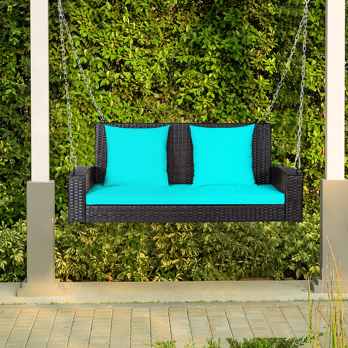 Topbuy Outdoor Wicker Porch Swing Bench 2-Person Patio Rattan Swing Chair W/ Soft Cushions Red/Turquoise/White/Black