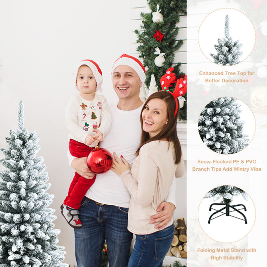 Topbuy 4.5FT/6.5FT/7.5FT Slim Snow-Flocked Christmas Tre Hinged Pencil Tree W/ 373/829/1189 Branch Tips Premium PE & PVC
