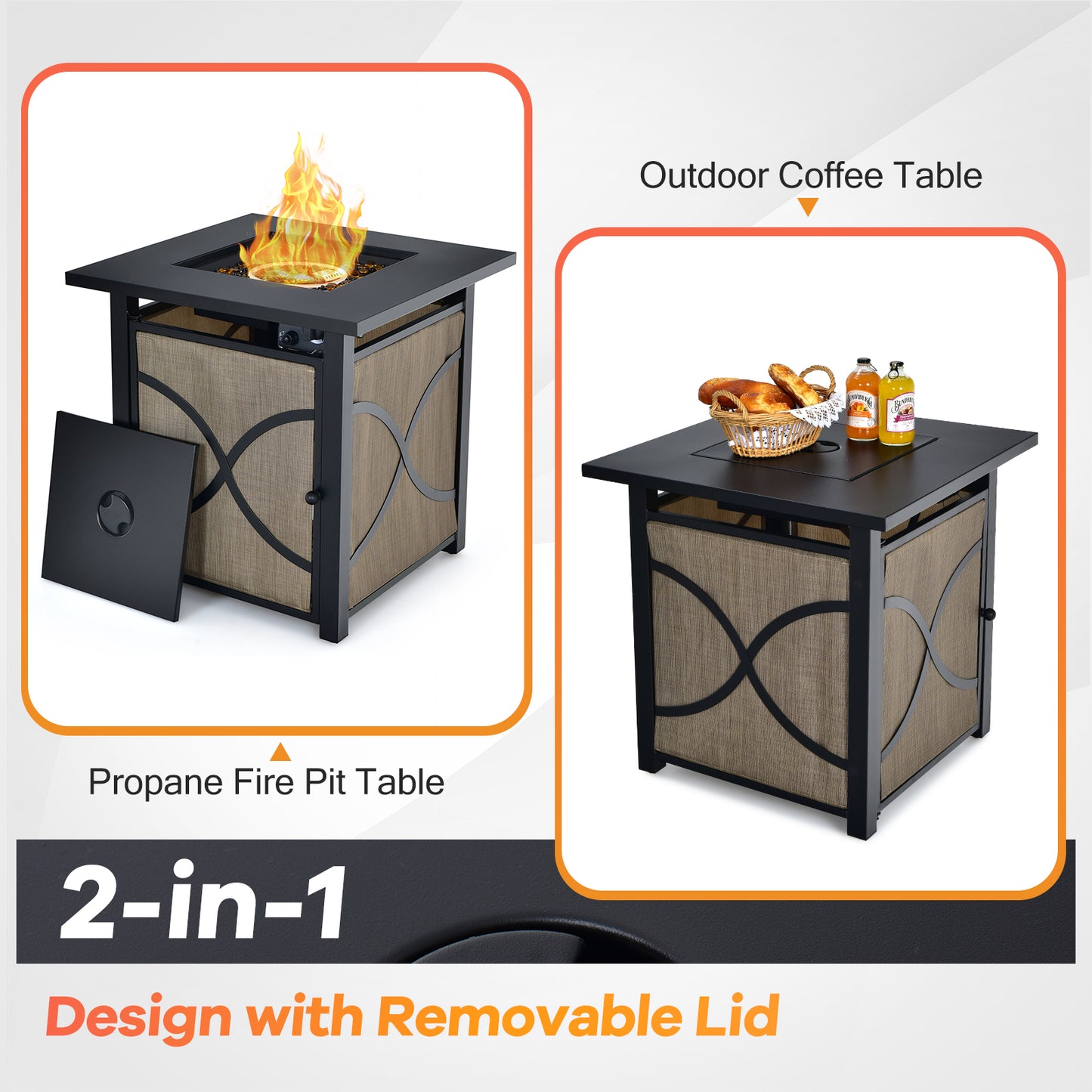 Topbuy 25'' Propane Fire Pit Table 40,000 BTU Gas Fire Pit Patio Square Firetable for Backyard Garden Deck