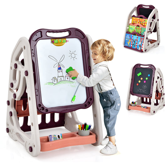 Topbuy 3-in-1 Height Adjustable Kids Art Easel Double Sided Magnetic Whiteboard & Chalkboard with Book Rack Red/Blue