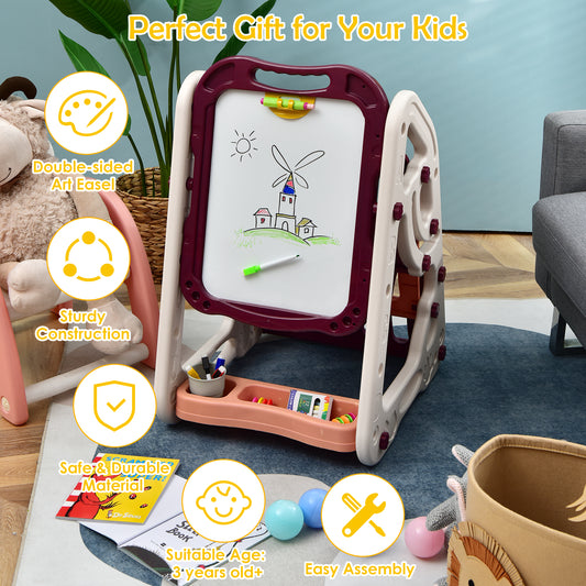 Topbuy 3-in-1 Height Adjustable Kids Art Easel Double Sided Magnetic Whiteboard & Chalkboard with Book Rack Red/Blue