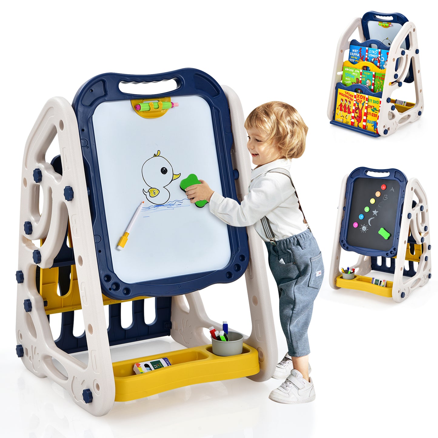 Topbuy 3-in-1 Height Adjustable Kids Art Easel Double Sided Magnetic Whiteboard & Chalkboard with Book Rack Red/Blue