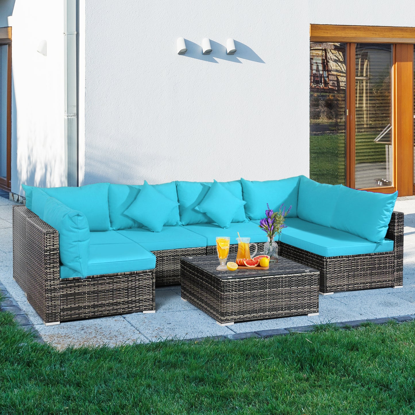 Patiojoy 7 PCS Outdoor Patio Furniture Set All-Weather PE Rattan Sofa Set w/Coffee Table & Cushions Black/Grey/Off Wihte/Red/Navy/Turquoise