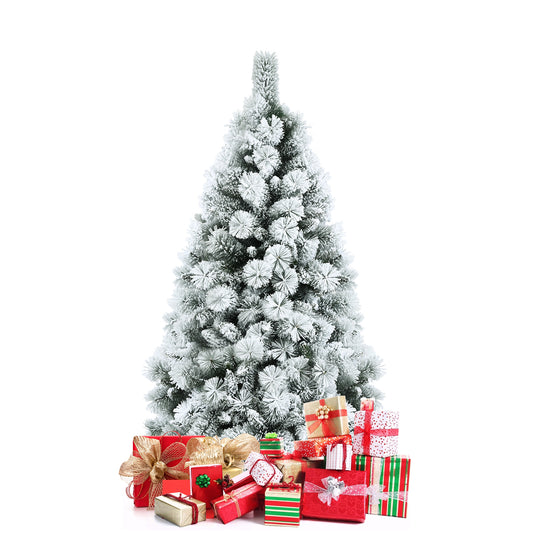 Topbuy 5/6/7FT Hinged Slim Artificial Xmas Tree, Snow-Flocked Pencil Christmas Tree W/ 470 Branch Tips
