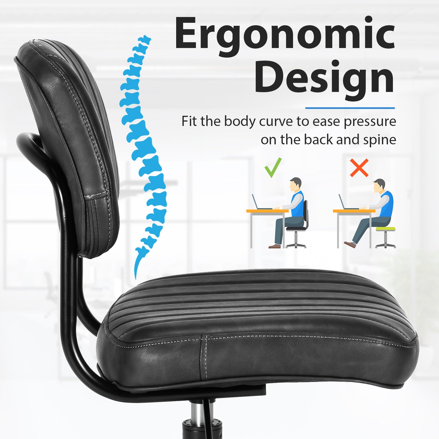 Topbuy Leisure Office Chair Mid-back Swivel Task Chair PU Leather Adjustable Armless Chair Retro Design Black/Brown