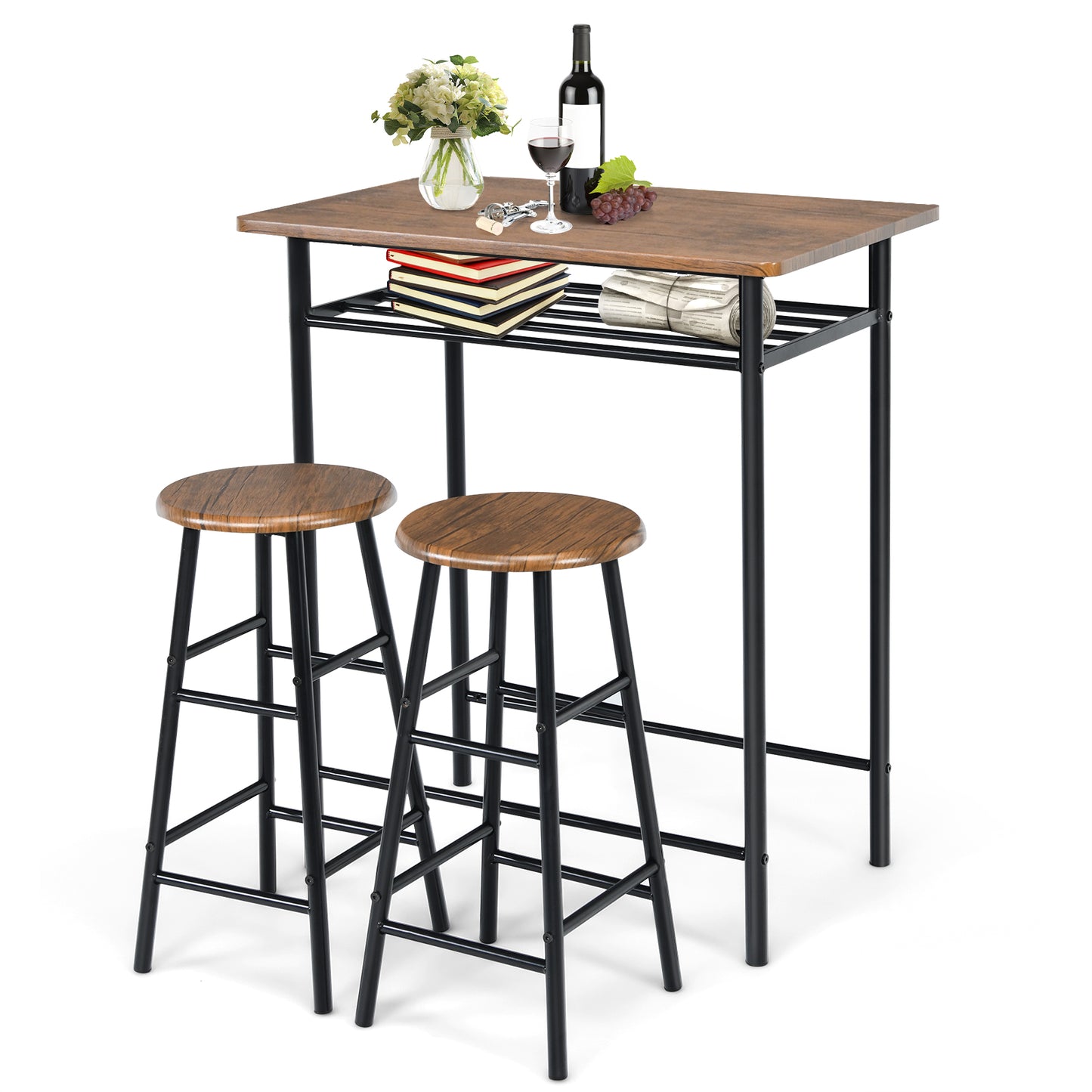Topbuy 3-Piece Bar Table and Chair Set Counter Height Bistro Table with 2 Stools Rectangular 2 Person Dining Set with Shelf Rustic Brown/Teak