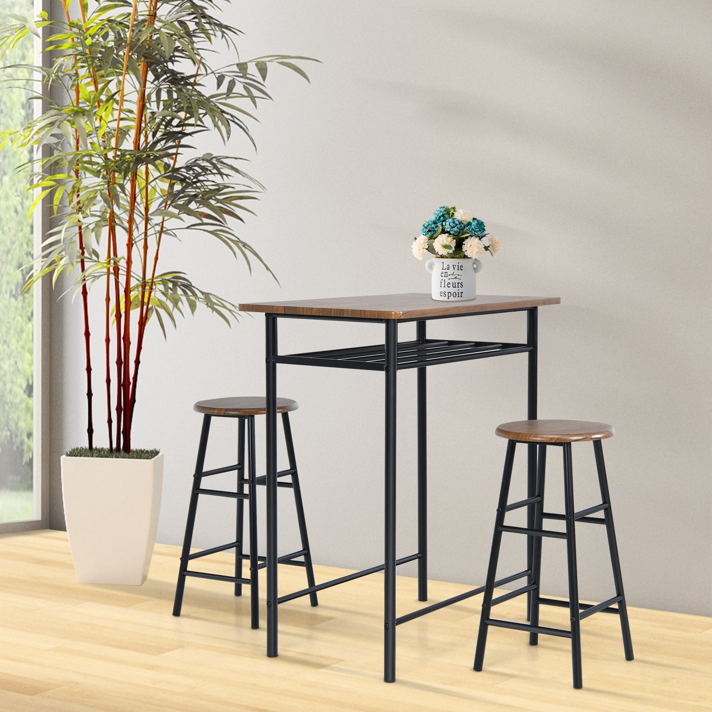Topbuy 3-Piece Bar Table and Chair Set Counter Height Bistro Table with 2 Stools Rectangular 2 Person Dining Set with Shelf Rustic Brown/Teak