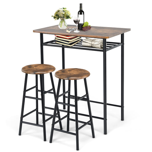 Topbuy 3-Piece Bar Table and Chair Set Counter Height Bistro Table with 2 Stools Rectangular 2 Person Dining Set with Shelf Rustic Brown/Teak