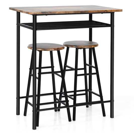 Topbuy 3-Piece Bar Table and Chair Set Counter Height Bistro Table with 2 Stools Rectangular 2 Person Dining Set with Shelf Rustic Brown/Teak