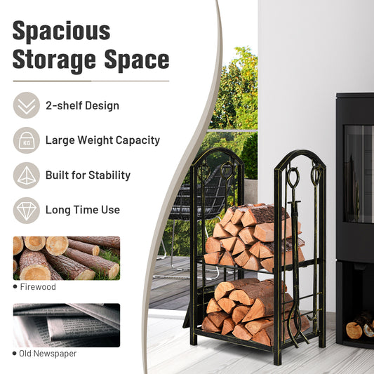 Topbuy Fireplace Log Rack with 4-Piece Fireplace Tools Wrought Iron Storage Logs Holder with Poker Bronze/Black
