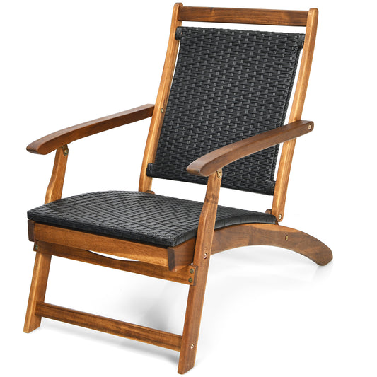 Patiojoy 1PC/2PCS Patio Folding Rattan Chaise Lounge Chair Acacia Wooden Frame W/ Retractable Footrest for Poolside&Patio