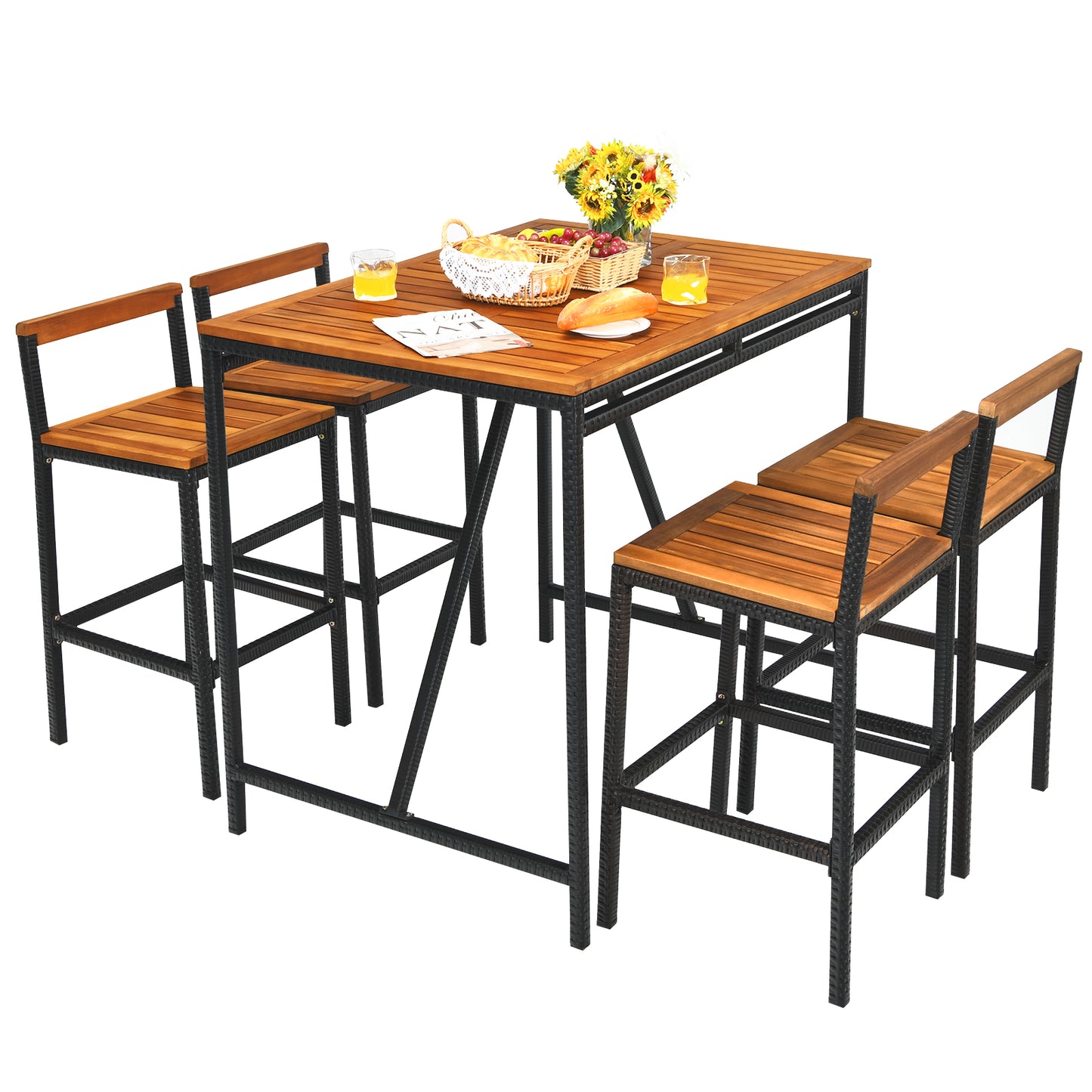 Patiojoy 5PCS Patio Rattan Bar Set with Umbrella Hole Wood High-Dining Bistro Set with 4 Bar Stools for Poolside&Garden