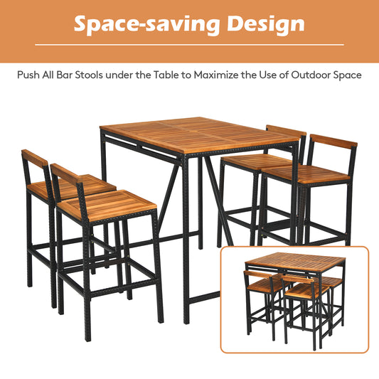 Patiojoy 5PCS Patio Rattan Bar Set with Umbrella Hole Wood High-Dining Bistro Set with 4 Bar Stools for Poolside&Garden