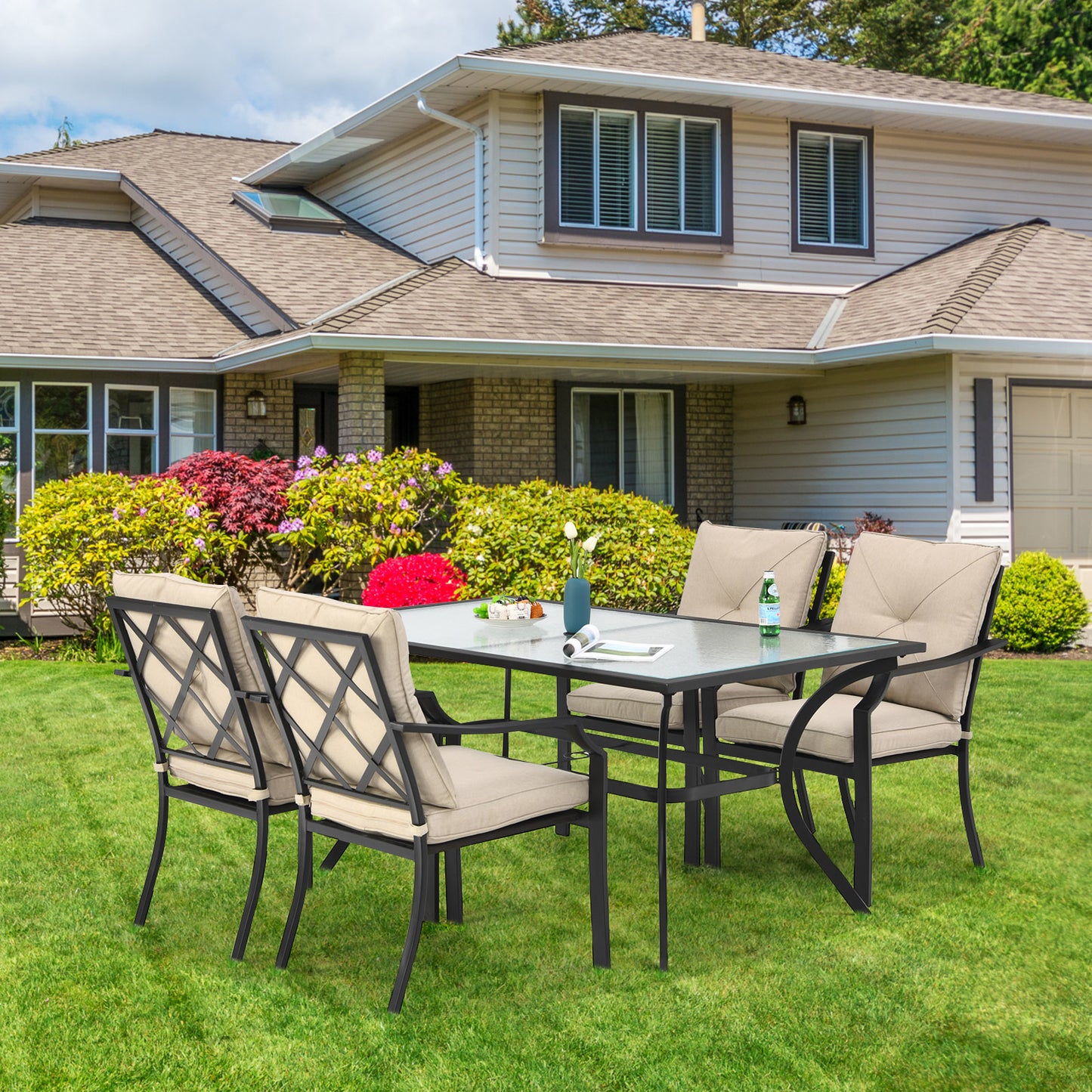 Patiojoy 5PCS Patio Dining Set Stack Chairs Cushioned Glass Table with Umbrella Hole Furniture Set Outdoor Conversation Set