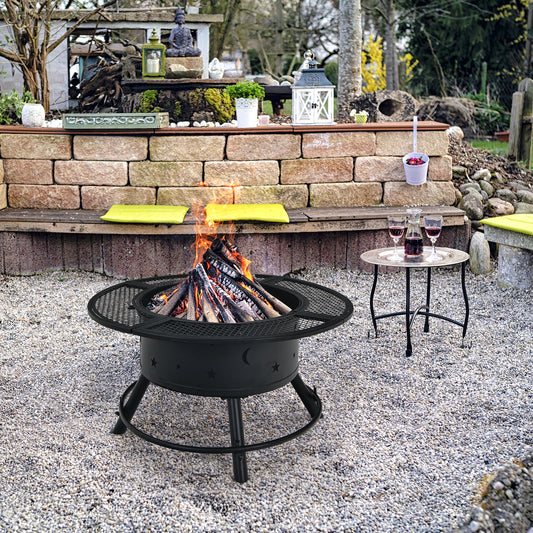 Topbuy 2-in-1 Fire Pit with Cooking Grate 32 Inch Outdoor Wood Burning Firepit Bowl with Swivel BBQ Grill