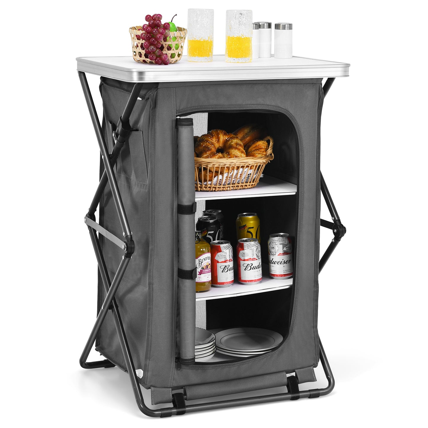 Patiojoy Portable Outdoor Camping Storage Cabinet Folding Organizer Kitchen Table w/ 3 Shelves and Carry Bag for BBQ M/L/XL