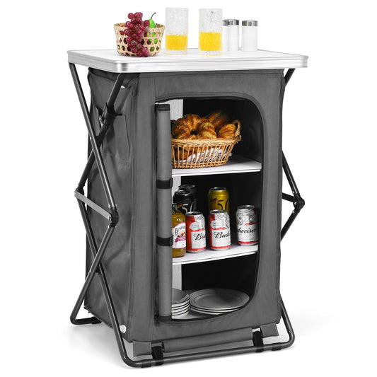 Patiojoy Portable Outdoor Camping Storage Cabinet Folding Organizer Kitchen Table w/ 3 Shelves and Carry Bag for BBQ M/L/XL